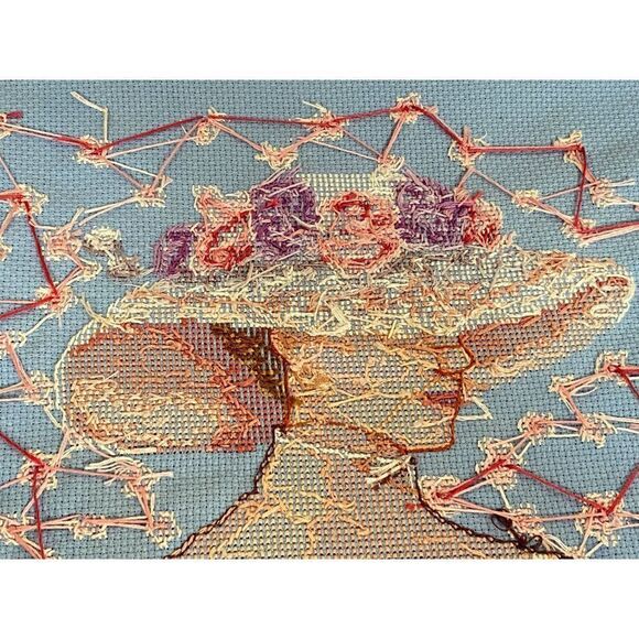 Completed Counted Cross Stitch Victorian Lady Hat Fan Aida Beautifully Stitched - Picture 13 of 14